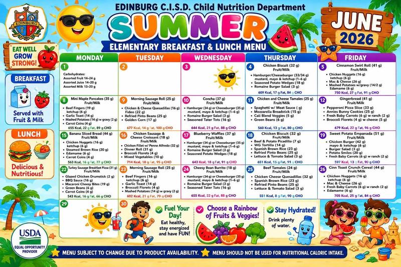 June 2026 Summer Elementary Breakfast & Lunch Menu