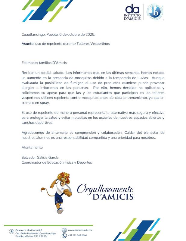 Uso de repelente durante Talleres Vespertinos