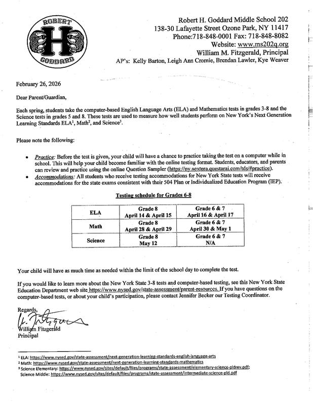 Letter with testing dates.