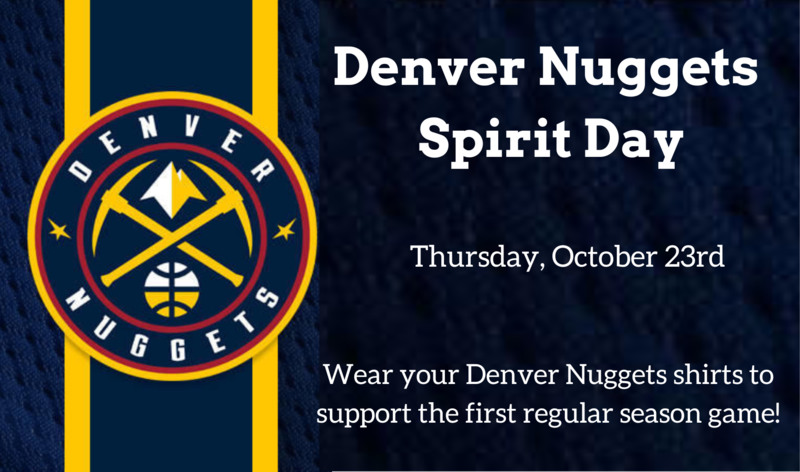 Nuggets logo with text about spirit day on a navy blue background