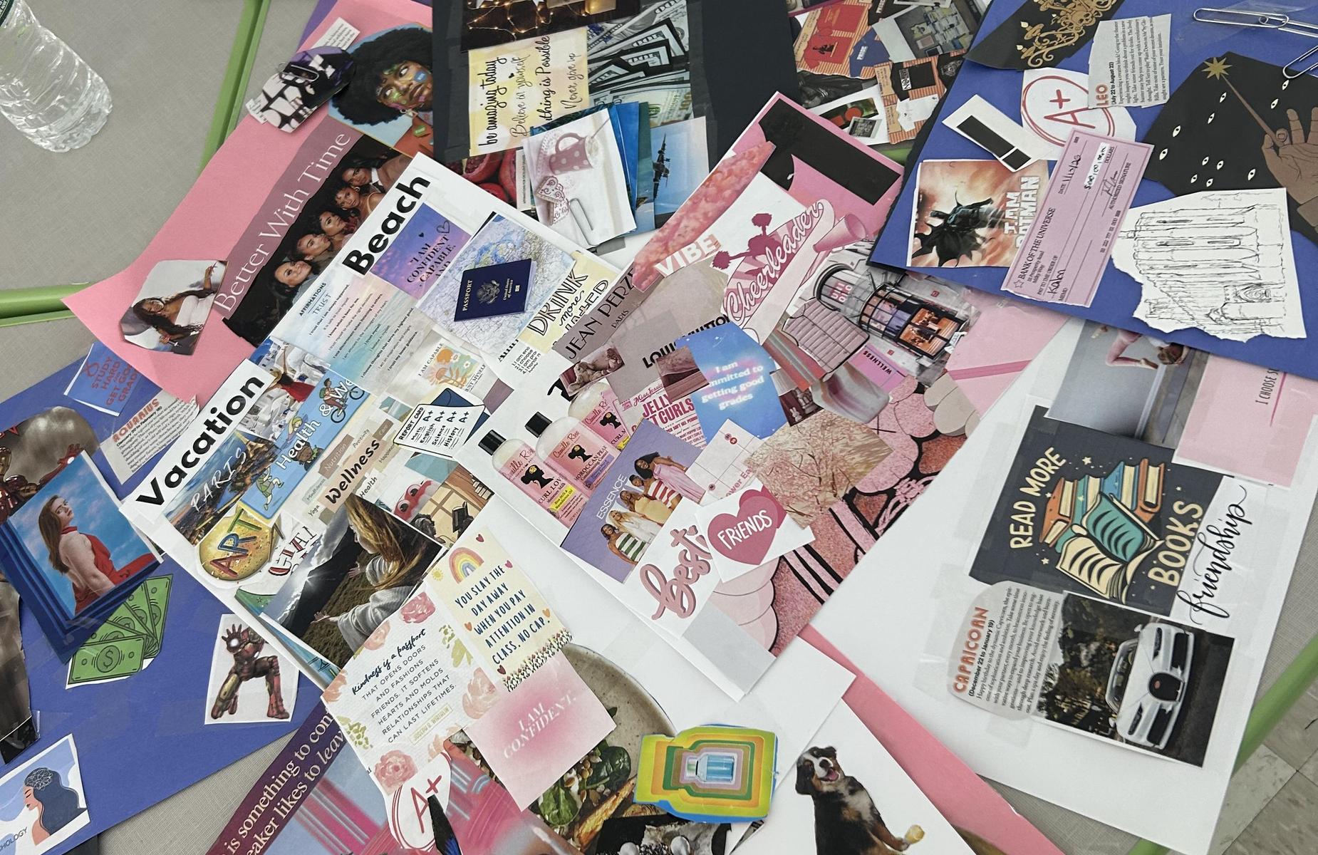 A collage of assorted images and text arranged on a table.