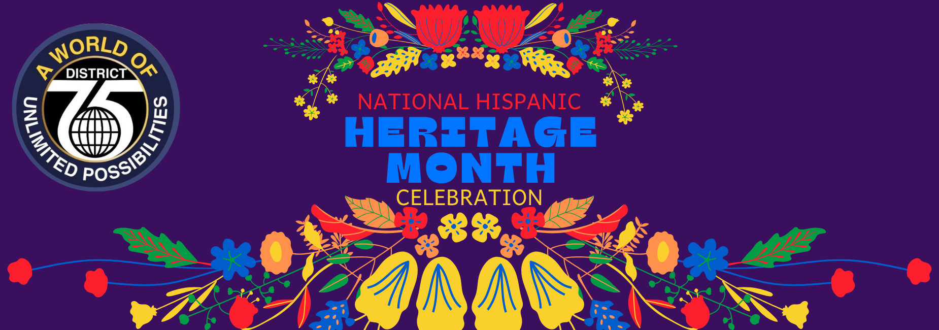 Colorful graphic celebrating National Hispanic Heritage Month with floral designs.