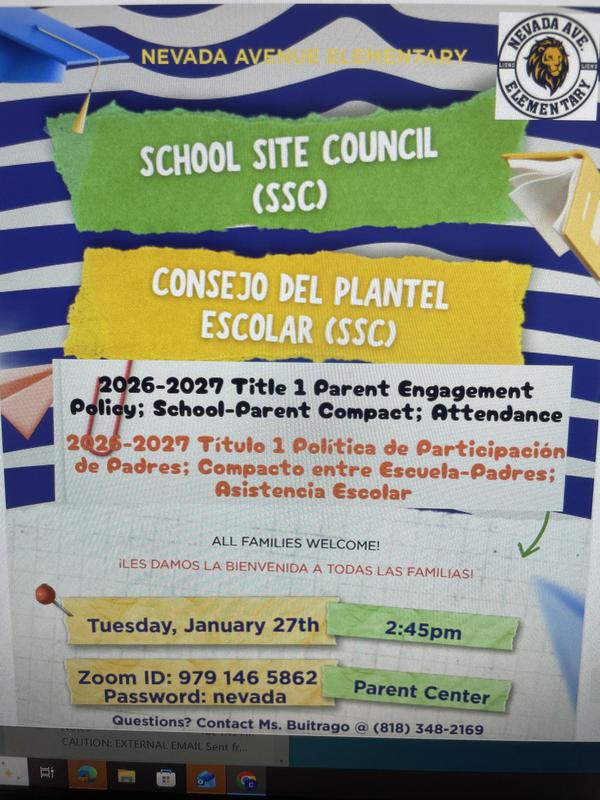 All Families Welcome! Tuesday, January 27th at 2:45pm for the 2026-2027 Title 1 Parent Engagement!    ¡Todas las familias son bienvenidas! Martes 27 de enero a las 14:45 para la reunión de participación de padres del programa Título 1 para el ciclo escolar 2026-2027.