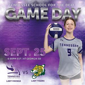 Young girl in sports attire holding a volleyball, promoting a game day event.