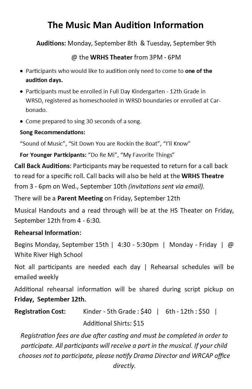 Additional details for auditions to The Music Man. 