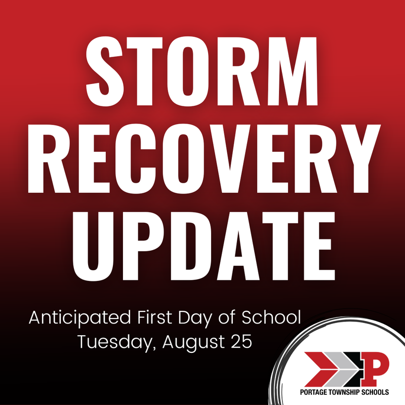 Red and black background with white text stating Storm Recovery Update