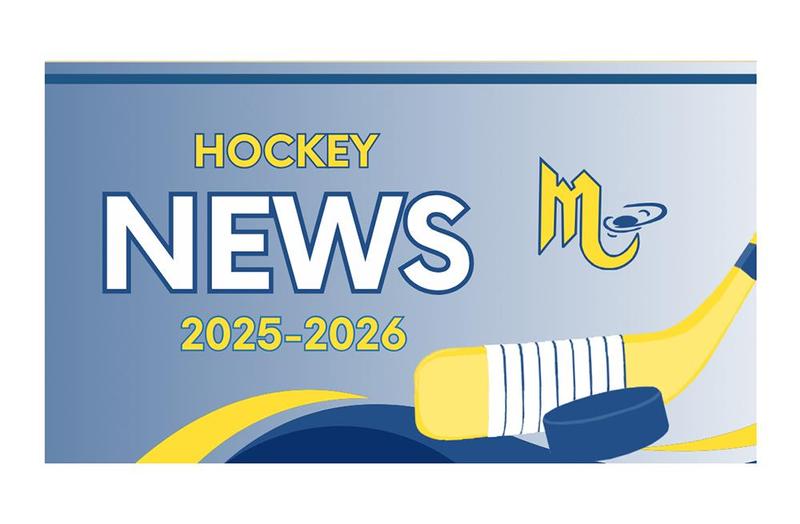 a blue and gold background with a hockey stick and puck