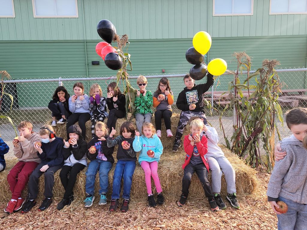 students on haybales