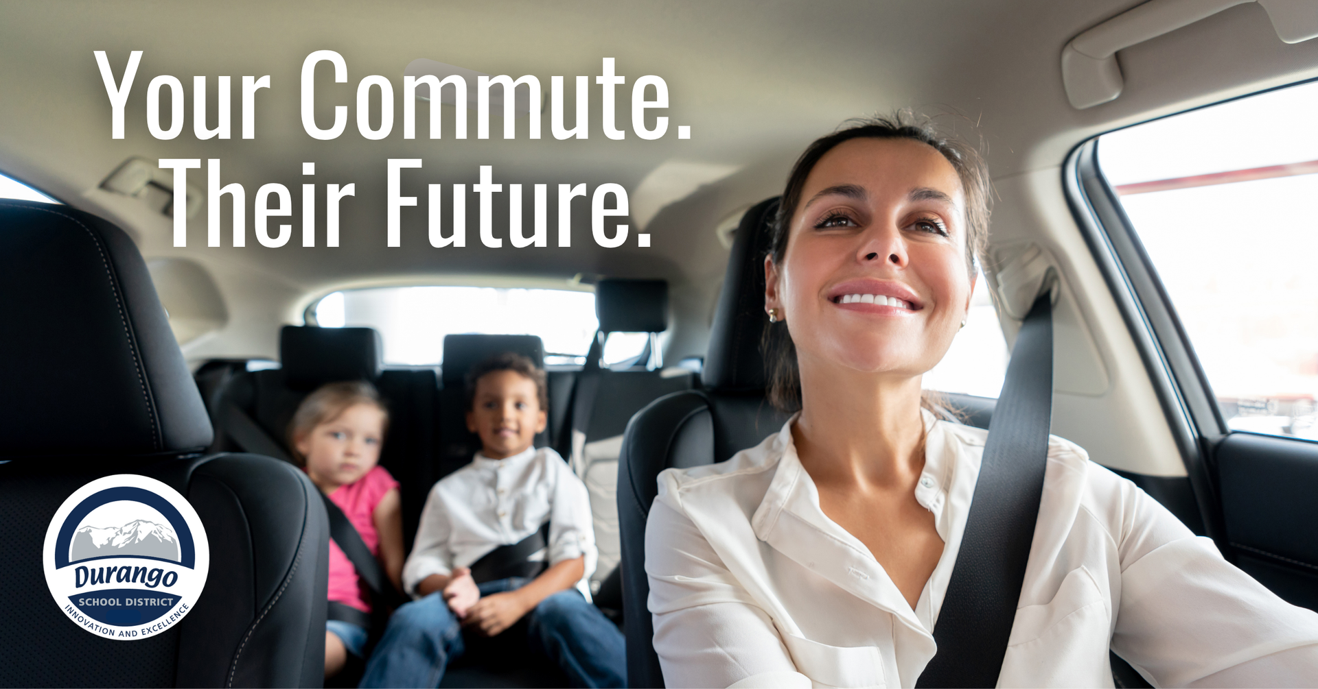 Graphic showing a woman and two kids in a car