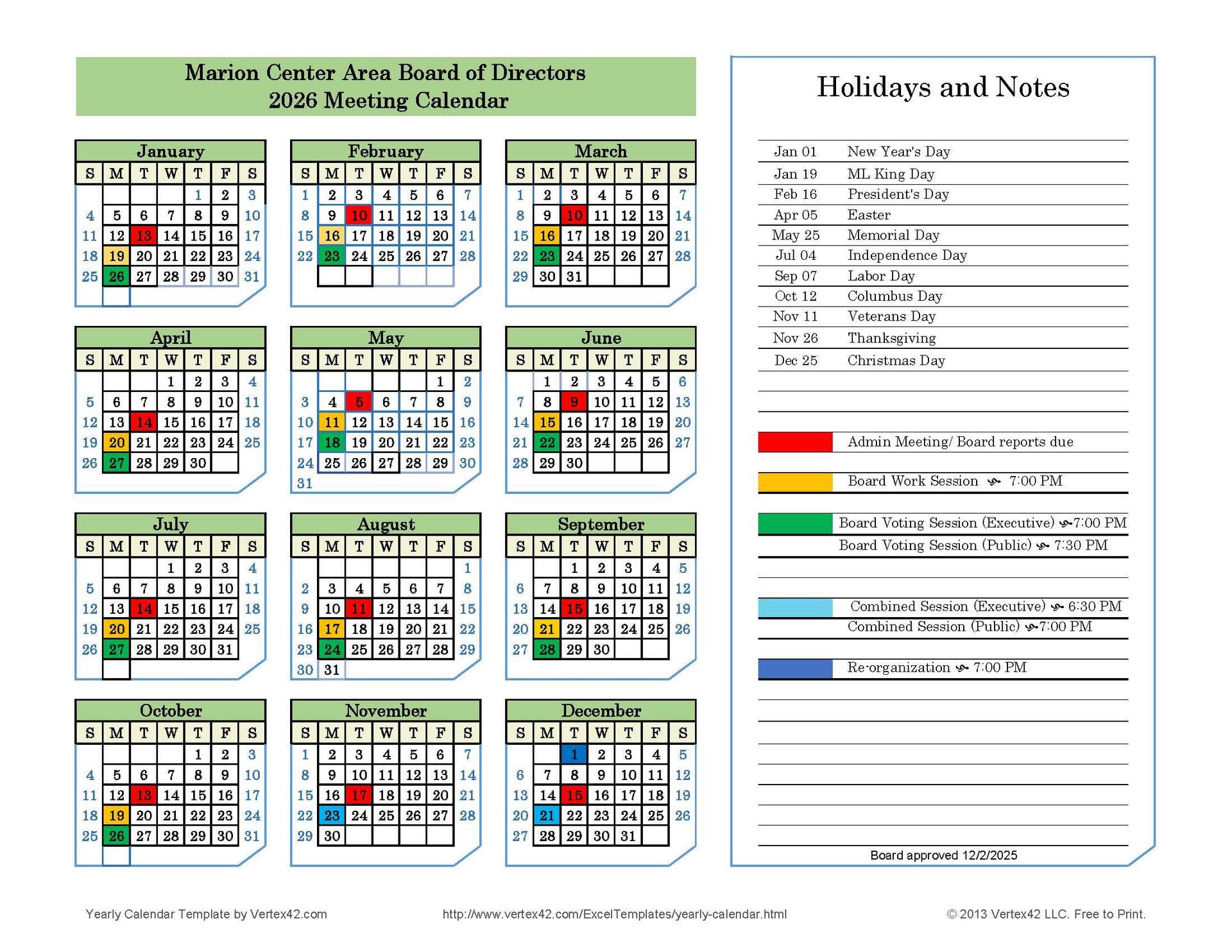 2026 Board Meeting Schedule
