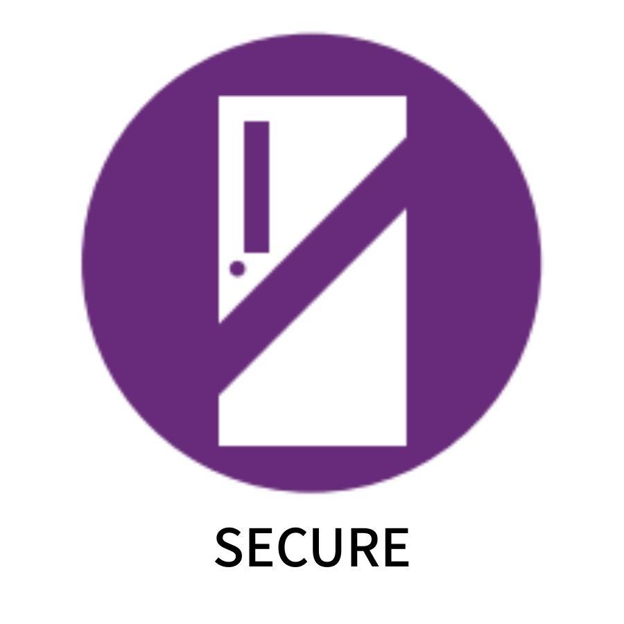 A door with a diagonal line through it on a purple circle with the word 'SECURE' below.