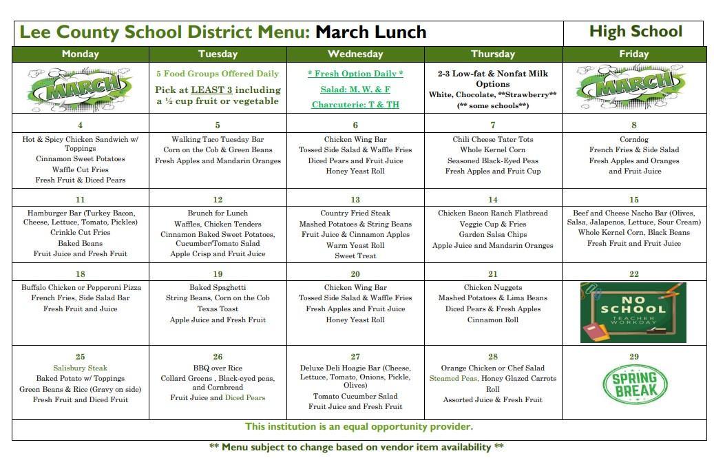 MENUS – Child Nutrition and Food Service – Lee County School District