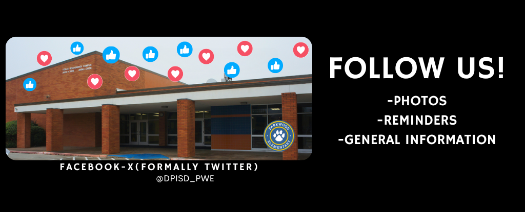 Building exterior with social media icons and text inviting to follow for updates.