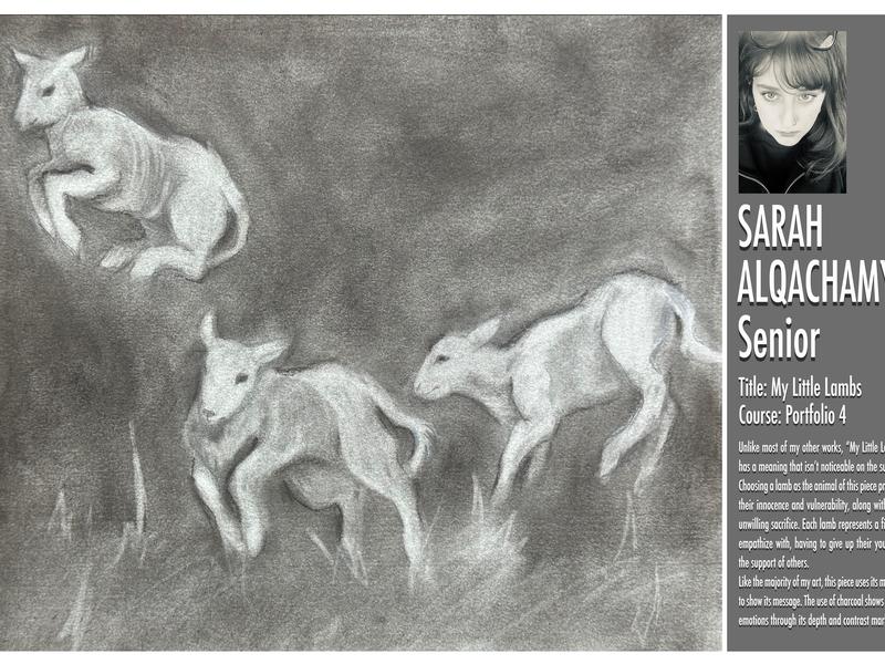 Charcoal drawing of three playful lambs jumping together.