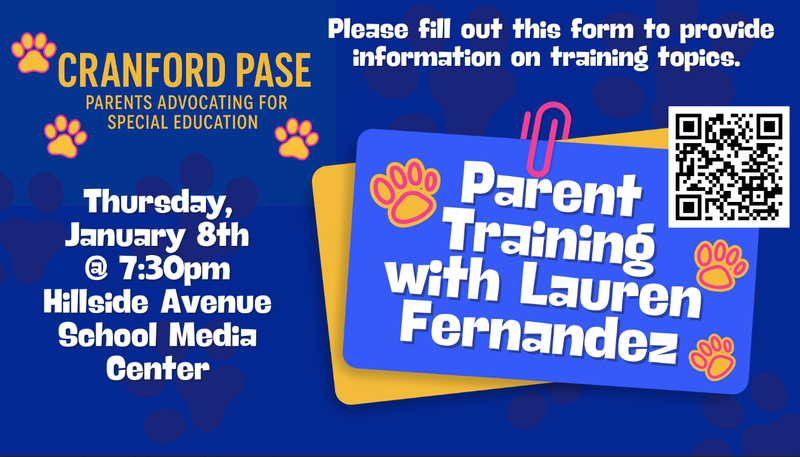 flyer for for our PASE meeting, "Parent Training" with Lauren Fernandez