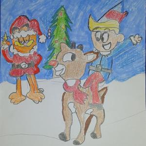 A festive scene featuring cartoon characters, Santa, and a brown reindeer.