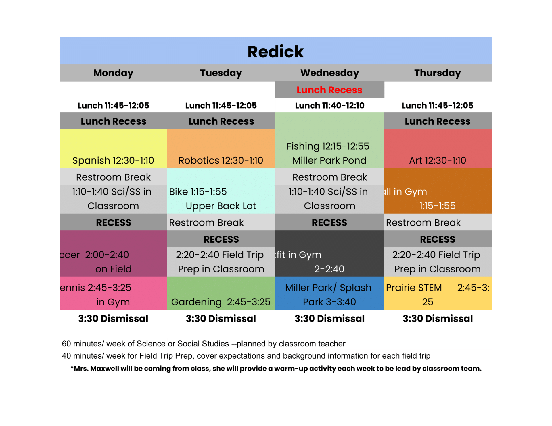 Graphic shows the summer schedule with different colors for each activity.