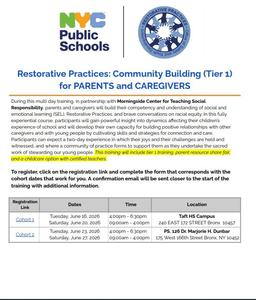 Event flyer for restorative practices training for parents and caregivers.