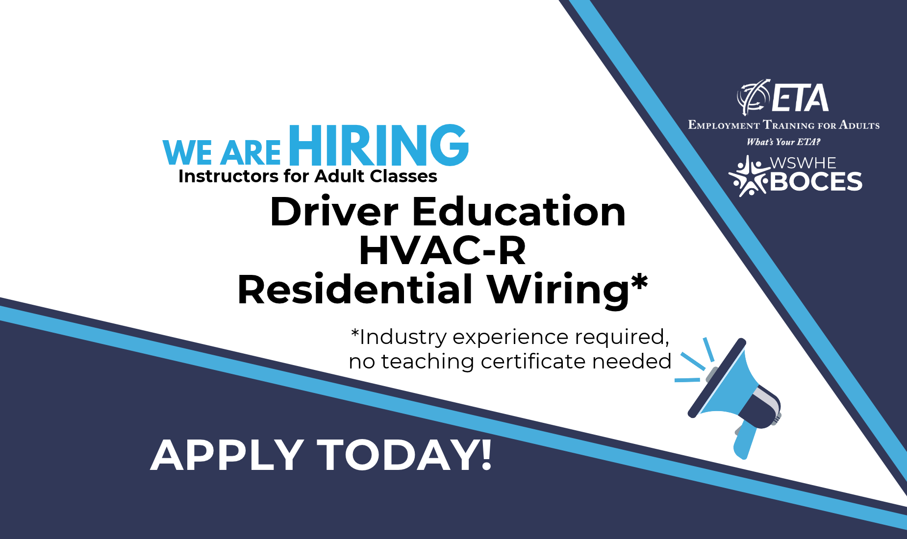 Hiring banner for instructors in adult classes, featuring a megaphone and application details.
