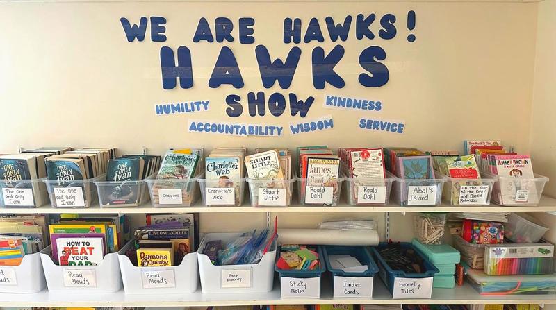 a display in our 3rd grade classroom that highlights our 5 school virtues, which spell out our school mascot.
