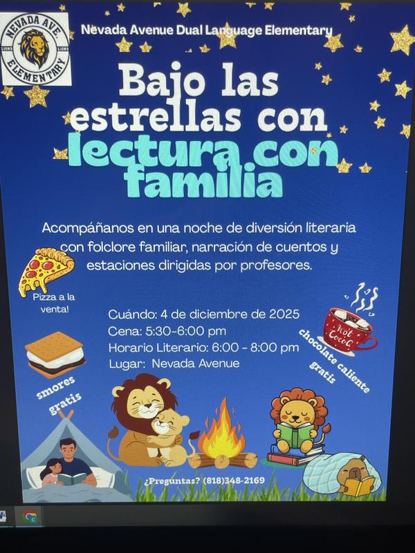 Únase a nosotras en Nevada Elementary el 4 de diciembre de 5: 30-6: 00pm