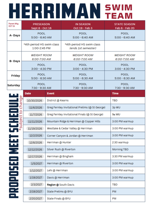 Image of the HHS Swim Team Proposed Schedule for 2026