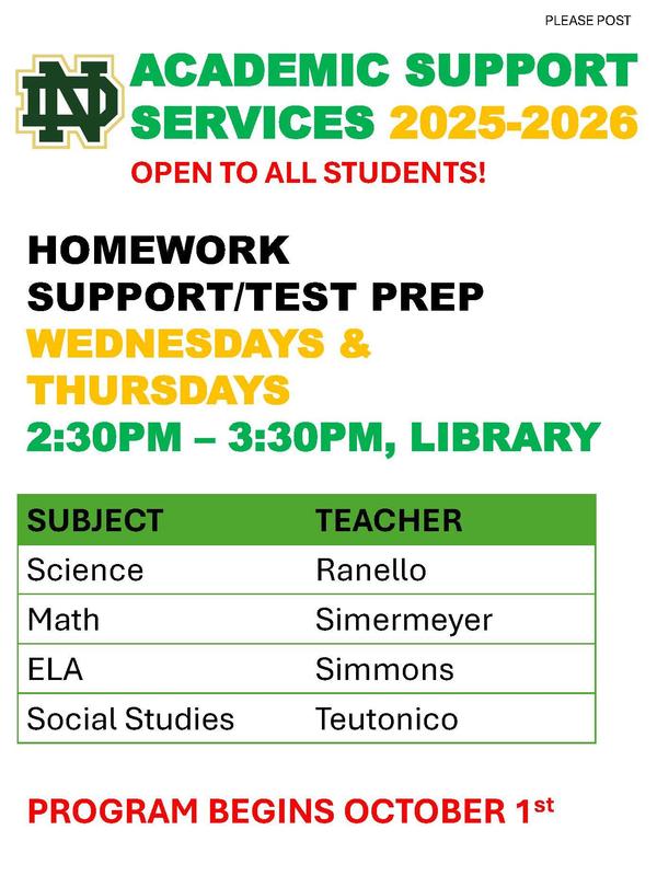 Homework Support/Test Prep begins this week.  Sessions will run Wednesdays and Thursdays from 2:30PM-3:30PM in the library.