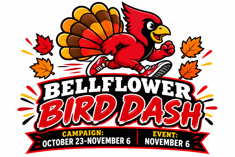 Stylized graphic of a bird running with autumn leaves and event details.