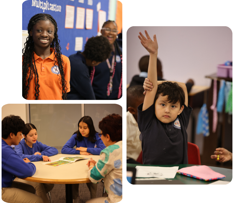 Collage showcasing various student activities including academics, science, and hands-on projects.