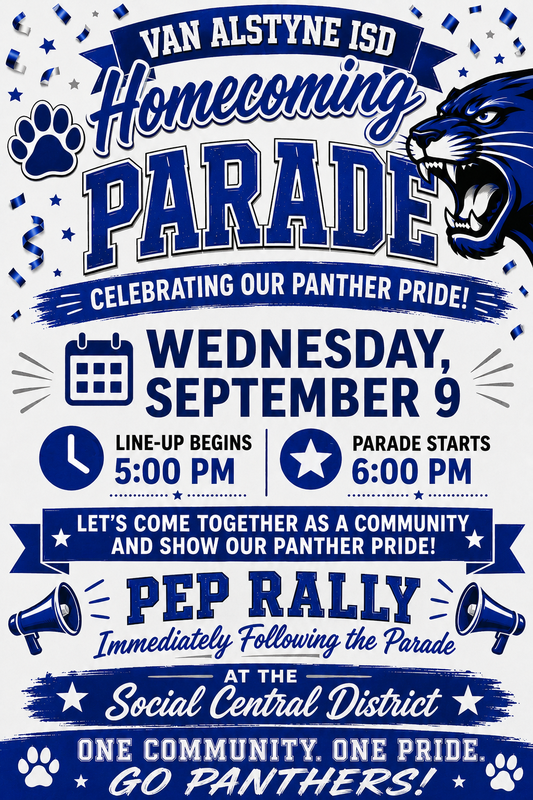 Flyer advertising the Homecoming Parade on September 9 at 6:00 pm