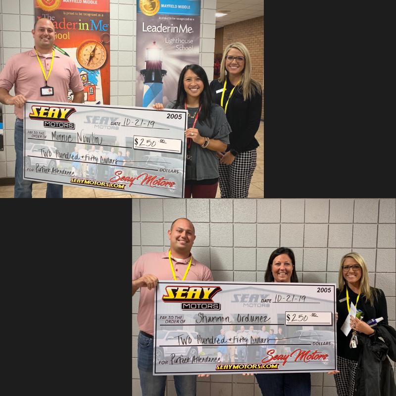 Photo collage of the Seay Motors staff winner Shannon Shannon Ordunez and Minnie Nowlin. They are pictured with employees of Seay Motors presenting checks.