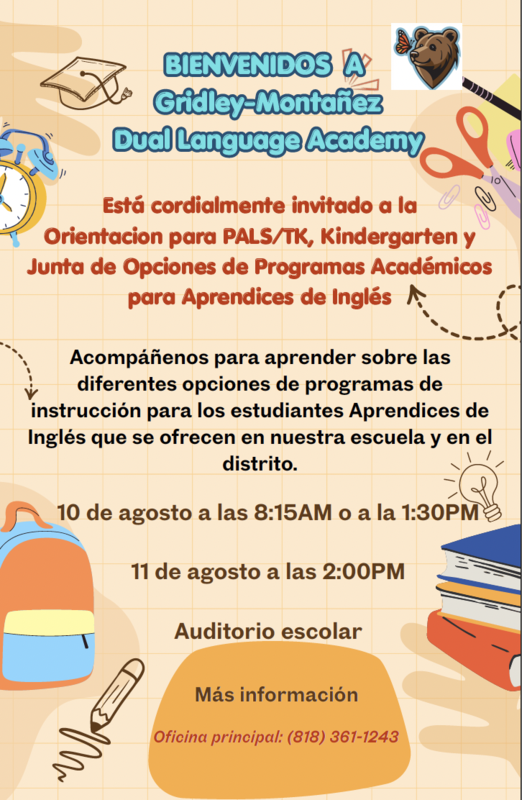 Orientacion para PALS/TK, Kindergarten y Junta de Opciones de Programas Académicos para Aprendices de Inglés.