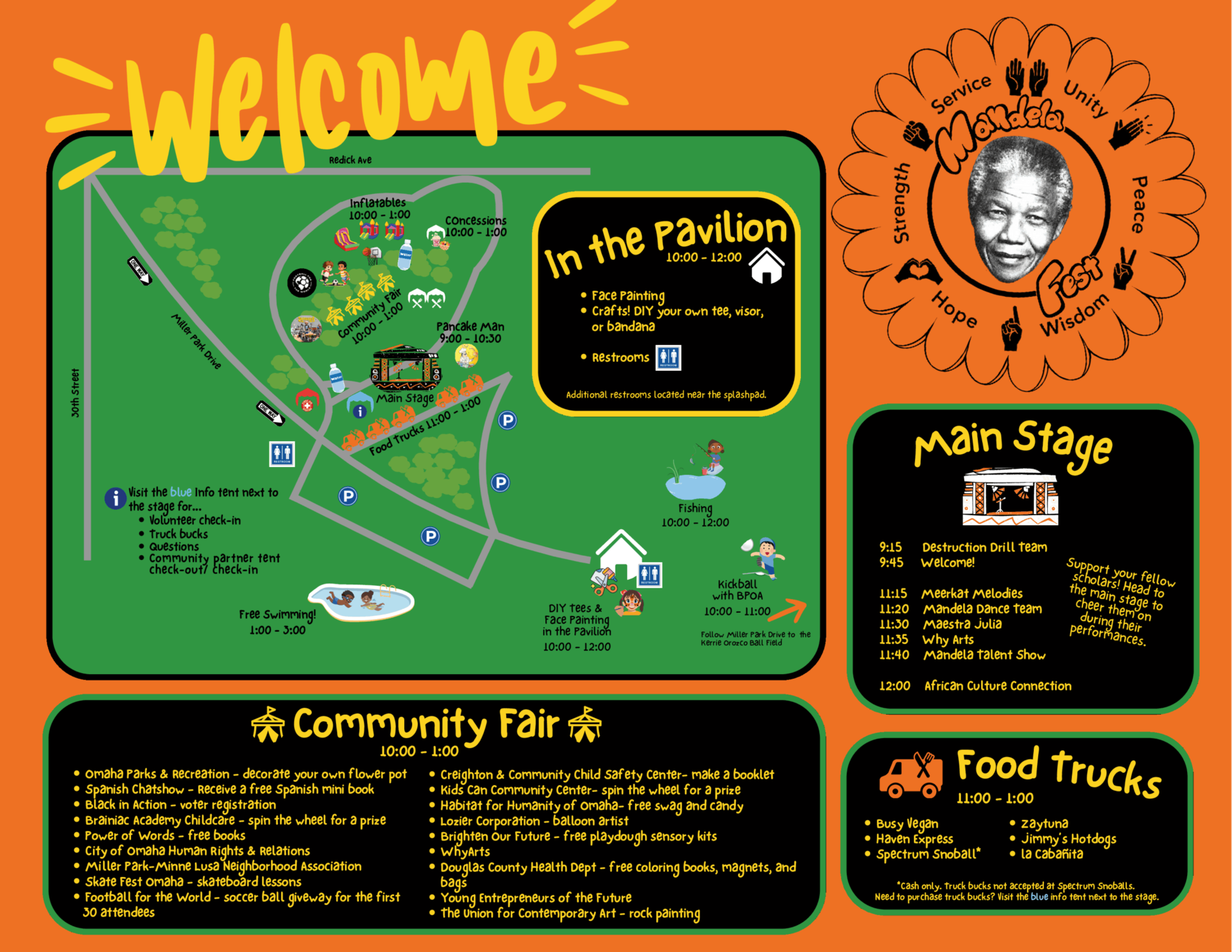 Graphic containing the schedule of events and map of Mandela Fest