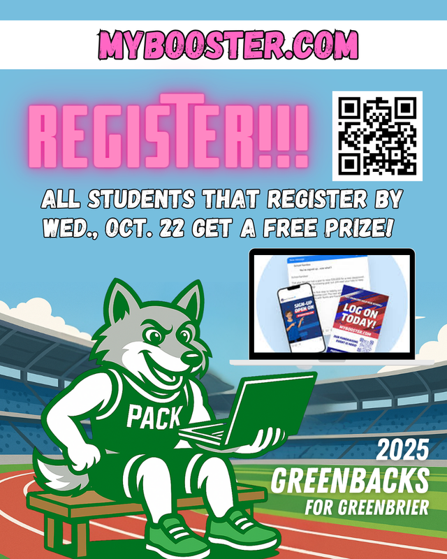 A promotional flyer encouraging student registration with a wolf mascot and a QR code.