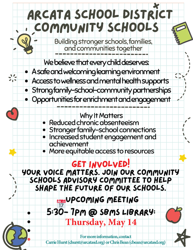 Flier for Community Schools meeting on Thursday, May 14, from 5:30-7:00pm at the SBMS Library