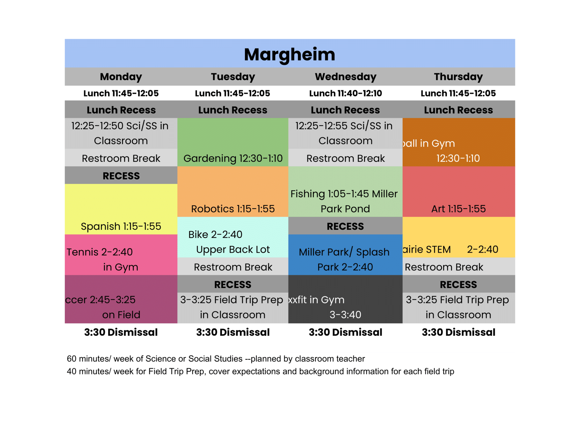 Graphic shows the summer schedule with different colors for each activity.