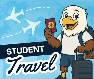 Student Travel with illustration of eagle holding a passport and rolling luggage