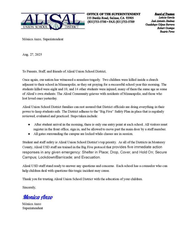 Letter by Ms. Anzo re: Minneapolis school shooting