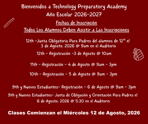 New School Year 2026-2027 Registration Dates / Fechas Para el Nuevo Año Escolar 2026-2027