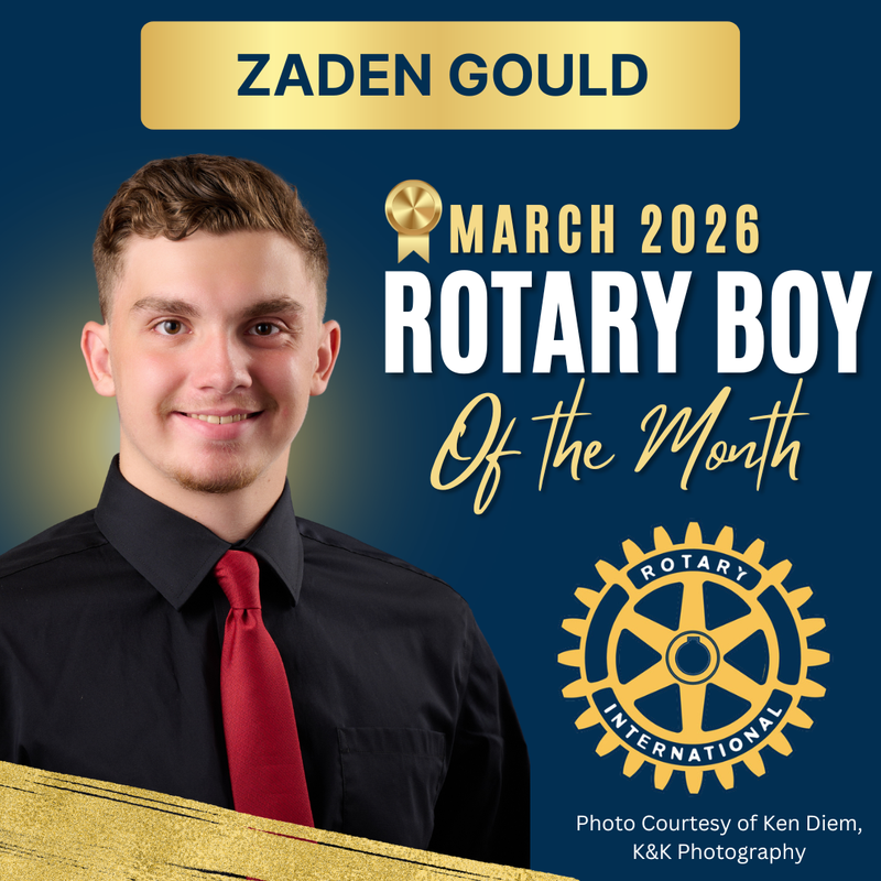 Blue background with gold shadow and accents along with Rotary Club gear logo and phot of March boy of the month