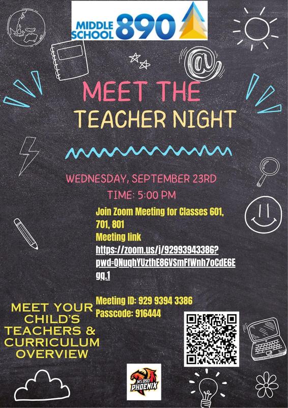 Event flyer for Meet the Teacher Night with Zoom details.