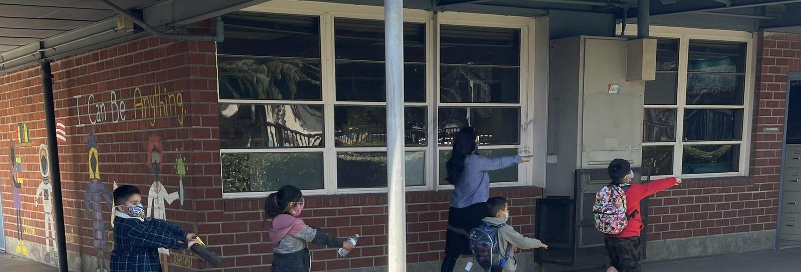 Safety first! Philadelphia Kindergartners practice using their superhero arms to be socially distant while walking to and from class! Way to go scholars!! #proud2bePUSD
