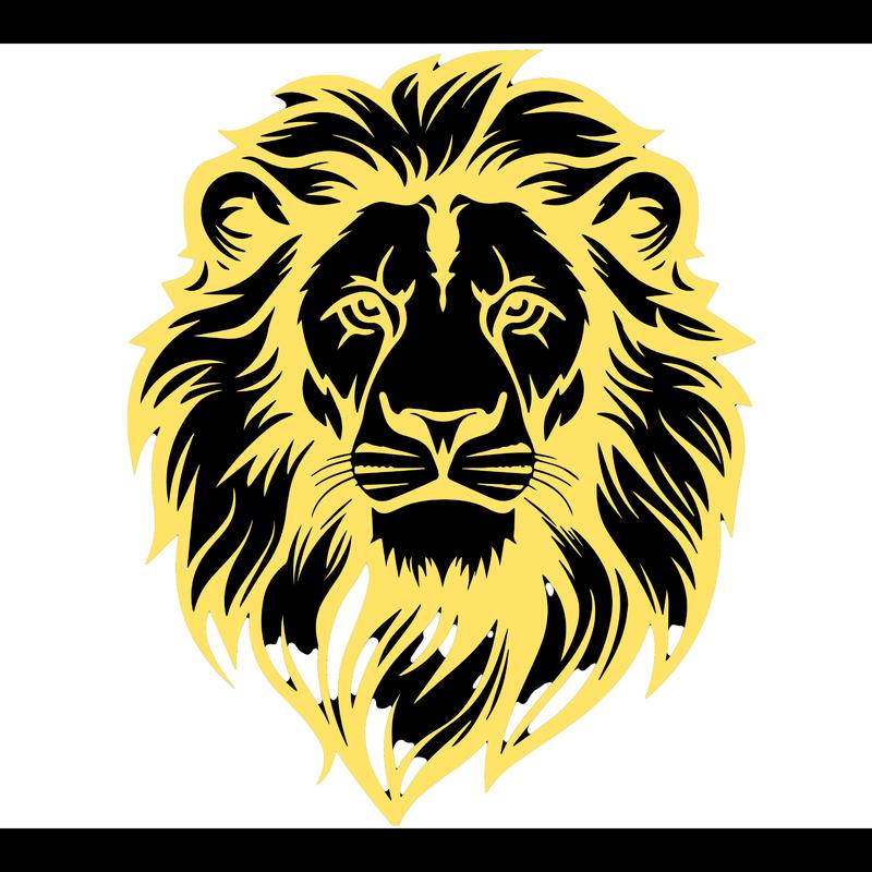 A stylized lion's head in gold and black on a white background.