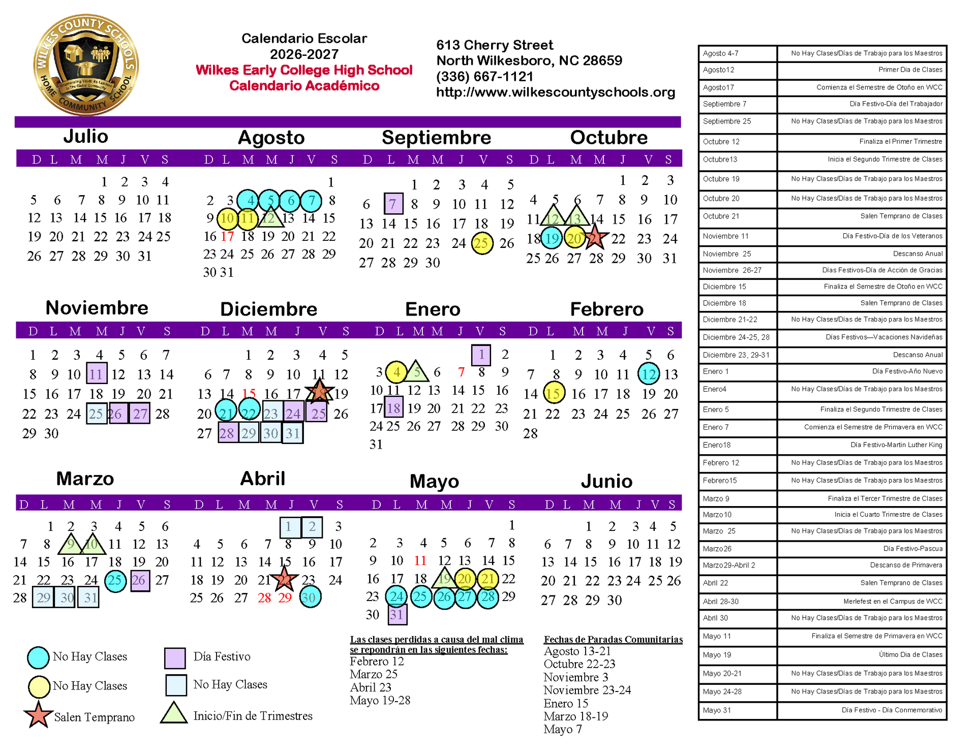 2026-2027 WECHS Spanish Academic Calendar. Fully accessible text version is provided below.