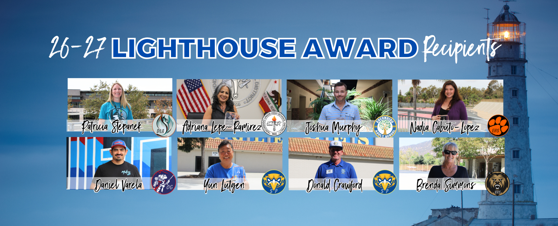 Collage of 2026-27 Lighthouse Award recipients with names and backgrounds.