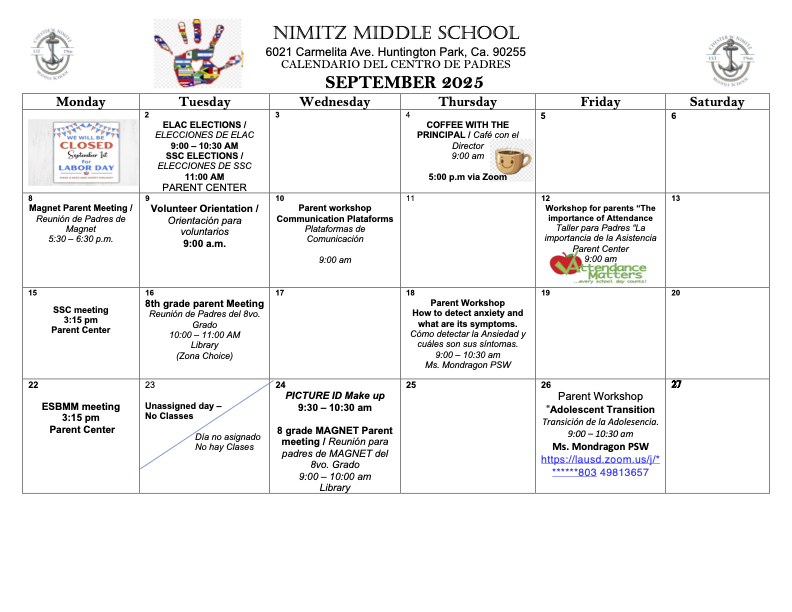 Noticias del Centro de Padres para Septiembre de 2025: Calendario y Talleres/September 2025 Parent Center Updates - Calendar and New Workshops Featured Photo