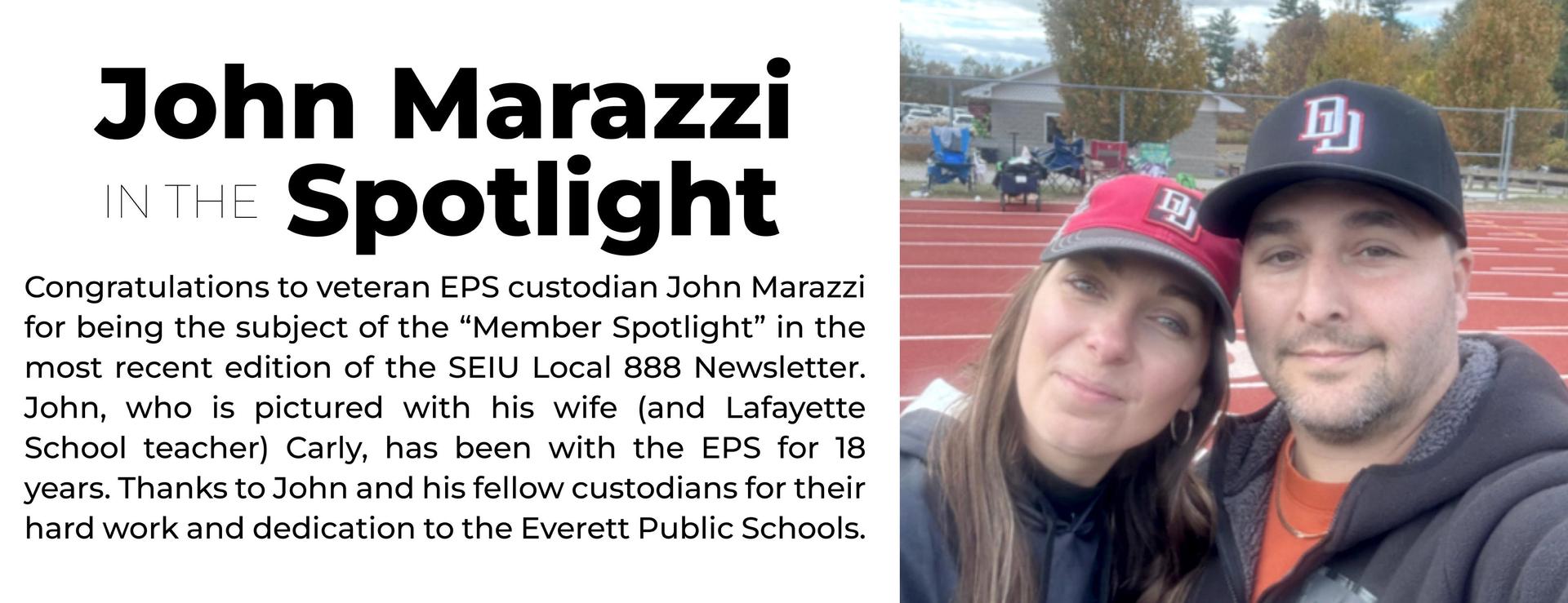 Couple posing together, featured in a newsletter about a school custodian.