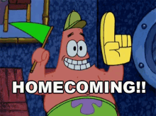 Patrick from Spongbob waving flags