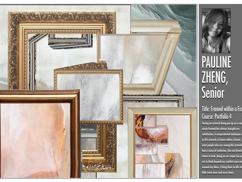 Layered frames and an artist's portrait showcasing creative work.