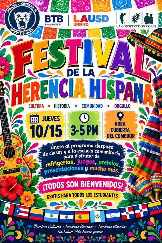 Volante del Festival de la Herencia Hispana: jueves 10/15, 3–5 p.m., área cubierta del comedor.